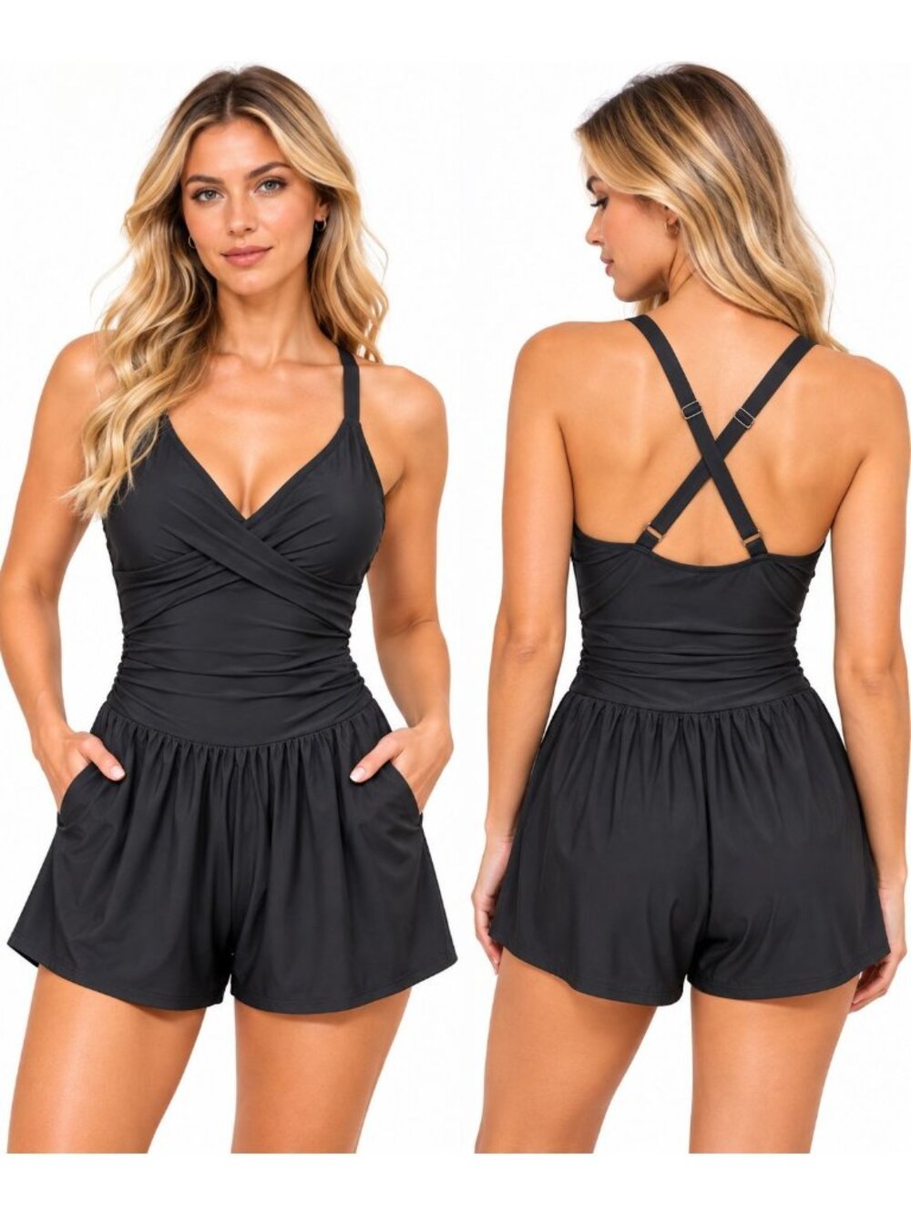 44. Large Black V-Neck Tummy Control Swim Romper with Pockets